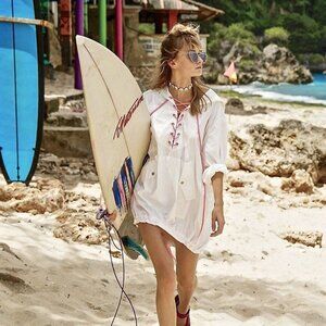 Free People Hooded Pink Lace Up Poplin Tunic Top